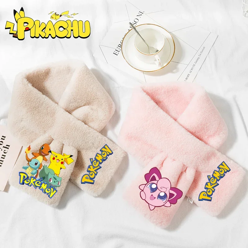 Pokemon Women Winter Warm Thicken Cross Collar Scarf Pikachu Faux Rabbit Fur Plush Elegant Shawl Scarves Birthday Gifts Unisex