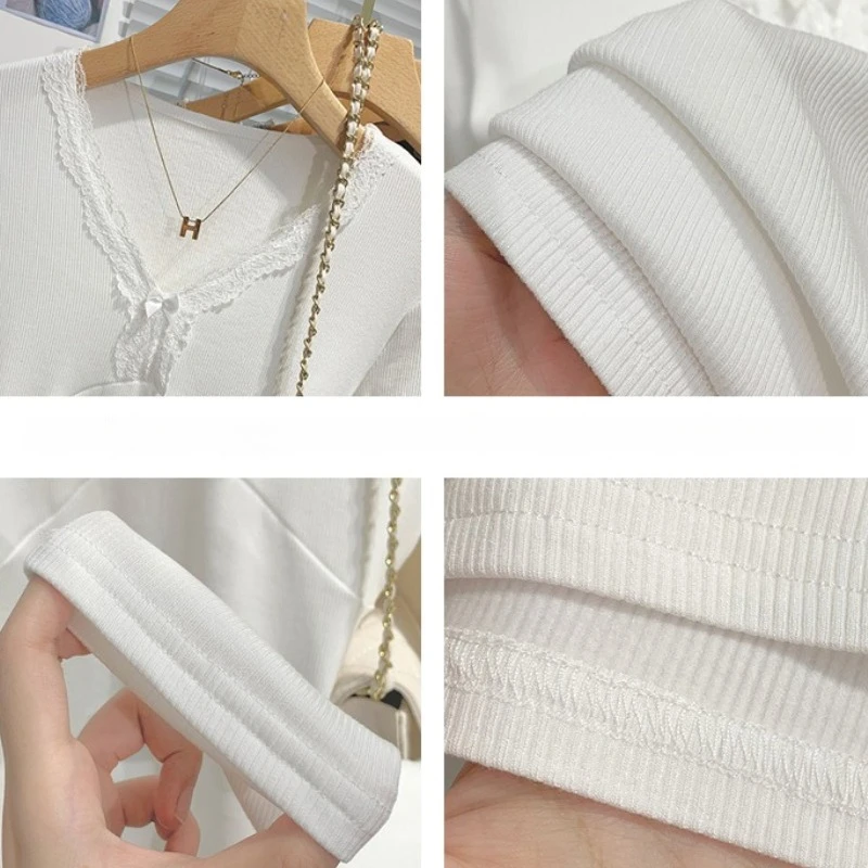 المرأة مثير الدانتيل الخامس الرقبة تي شيرت الكورية موضة سليم كل مباراة طويلة الأكمام نحى تيز الإناث الخريف الشتاء عادية الصلبة سليم #6