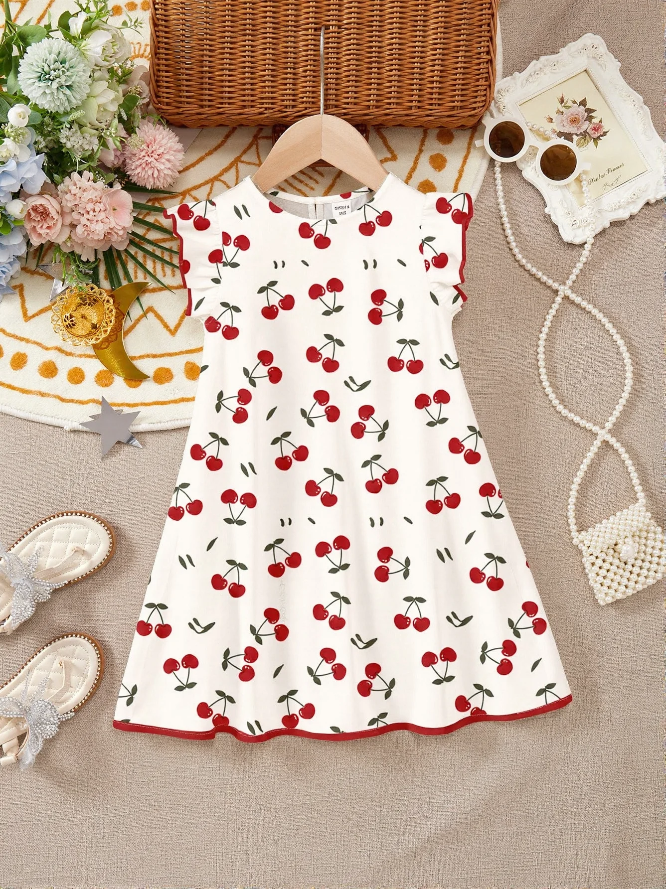 Einteiliges modisches Sommer-Freizeitkleid für Mädchen, dünner Stil, gerüschtes Kleid mit Flatterärmeln und Kirschmuster, jugendliches und energisches A-Linien-Kleid für junge Mädchen, elegantes und