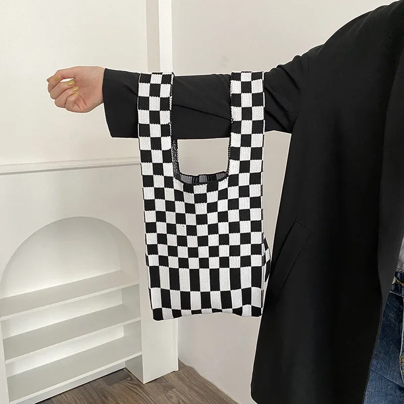 Knitting Fabric Women Handbag Chequer Chess Design Eco Small Shopping Bag Decoration Purses Woolen Plaid Cloth Tote for Ladies