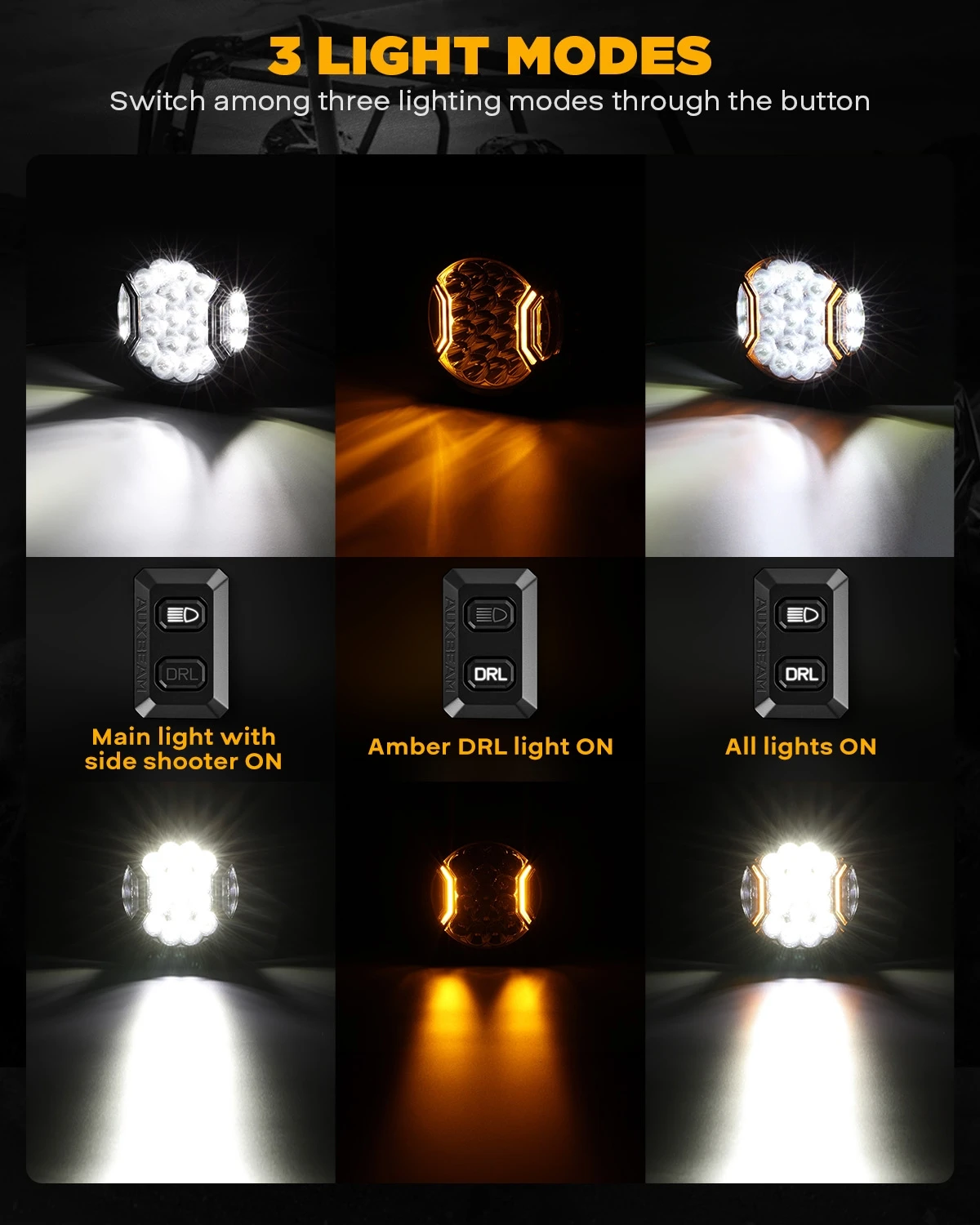 AUXBEAM V-ULTRA SERIES 9 inch LED Driving Light 3000K / 6500K 300W Light Pod Side Shooter with Amber DRL Black / Amber Cover