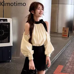 Kimotimo Women Blouse Spring New Bandage Satin Contrast Color Tops French Elegant Spicy Girl Off Shoulder Design Loose Shirts