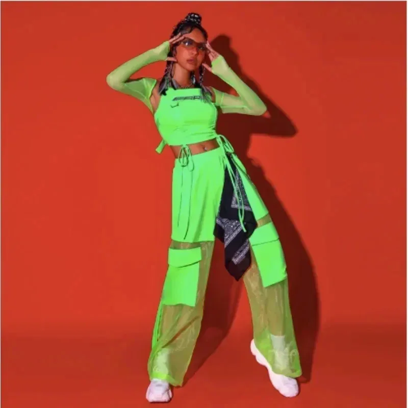 

zz04zz12Neon Green Kpop Girl Group Одежда Хип-Хоп Одежда Топ Брюки Джаз Ночной Клуб DJ Уличный Танец Рейв Фестиваль Одежда Женская