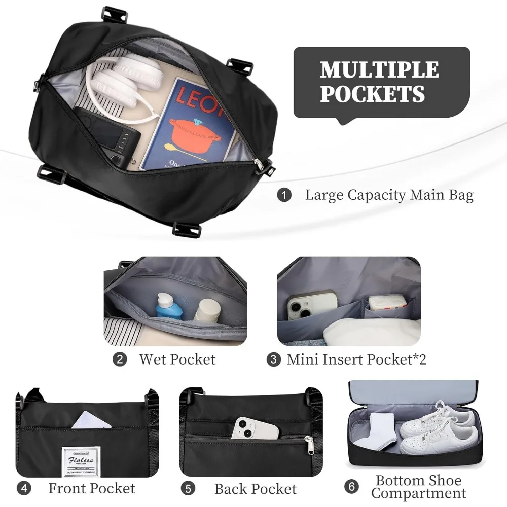 حقائب عطلة نهاية الأسبوع للنساء، حقيبة سفر واق من المطر بين عشية وضحاها مع حجرة للأحذية، حقيبة حمل شخصية، أسود، كبير، مجموعة من 3 قطع