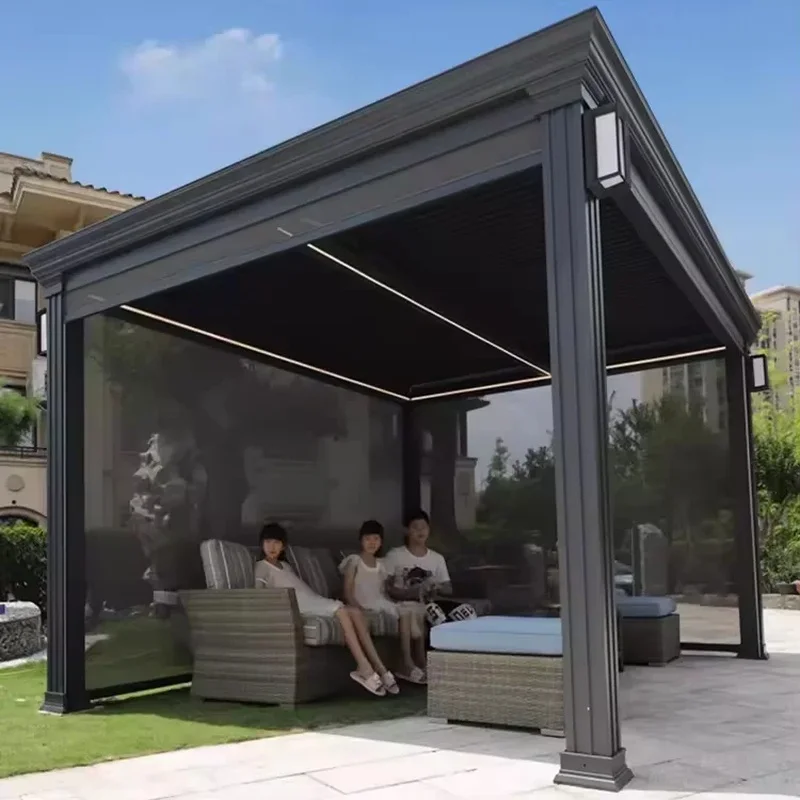 Outdoor Bioclimatic Retractable Louvered Pergola with Motorized Aluminum Frame Waterproof & Modern Design Hotels Balconies