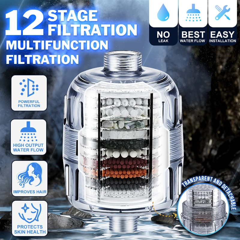 12 Stages Transparent Remove Chlorine Heavy Metals Filtered Soften Hard Water For Shower Head Cleaning Purifier