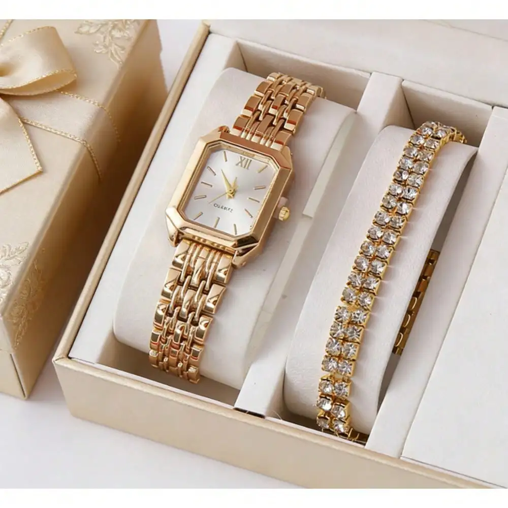

Vintage Square Dial Women's Watch & Crystal Bracelet Set | Glamorous Gold Tone Timepiece