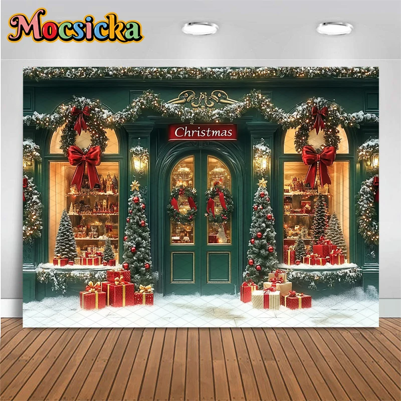 Mocsicka Christmas Photography Background Xmas Tree Snow House Shop Bow Gifts Decorations Children Family Party Backdrops Banner
