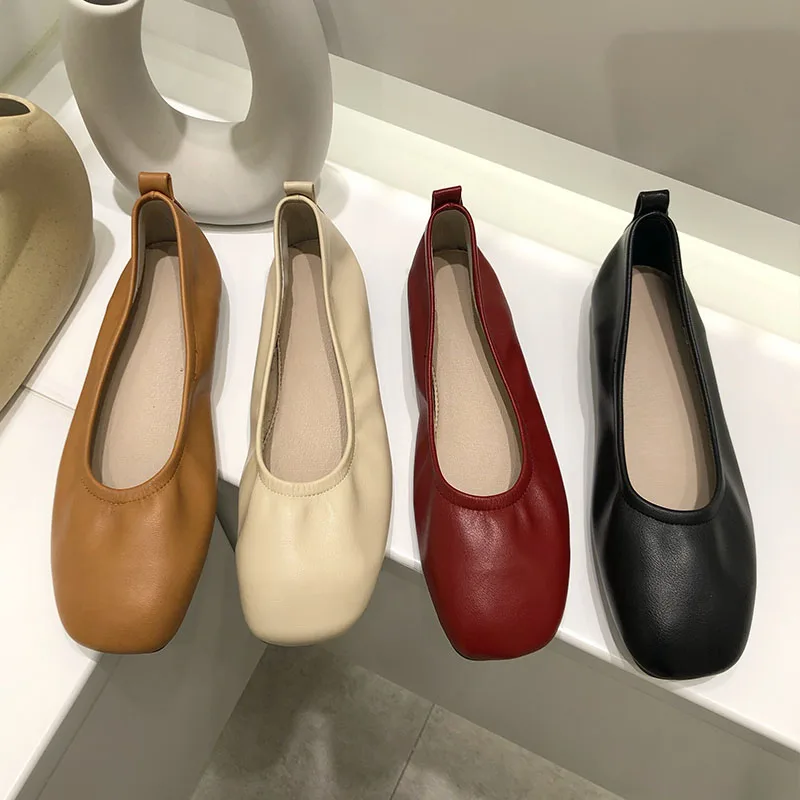 2024 Summer Red Brown New Women Flat Shoes Fashion Round Toe Shallow Slip On Ladies Elegant Mary Jane Shoes Casual Soft Ballerin