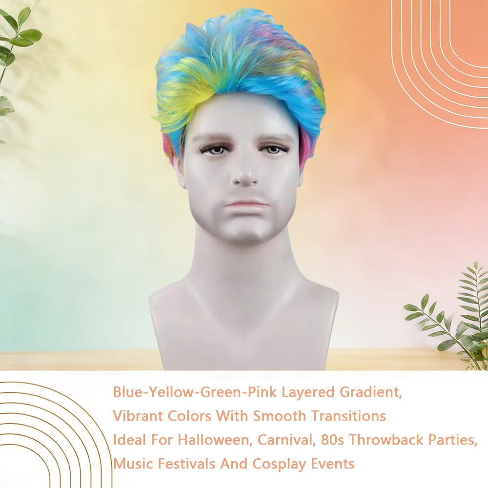 Rainbow Full Head Wig Men Short Curly Wig Multicolor Heat Resistant Synthetic Hair For Carnival Halloween Cosplay Daily view 3