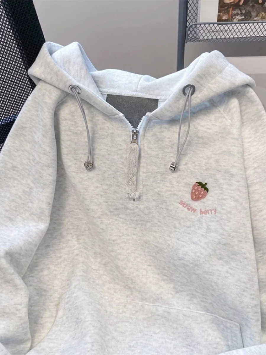 Clearance Leak-Picking ~ Withdraw Foreign Trade Japan fashion Strawberry Embroidery Drawstring Hoodie Idle Sle Loose Couple...