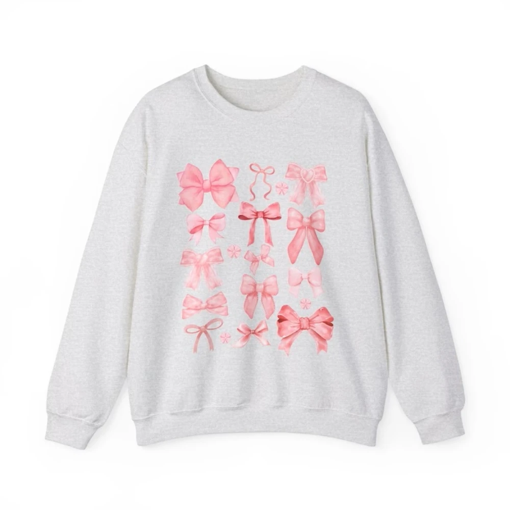 Coquette Pink Bow Sweatshirt Y2k Women Cute Aesthetic Top Ribbon Ballerina Trendy Crewneck Kawaii Girls Friend Valentine Shirt