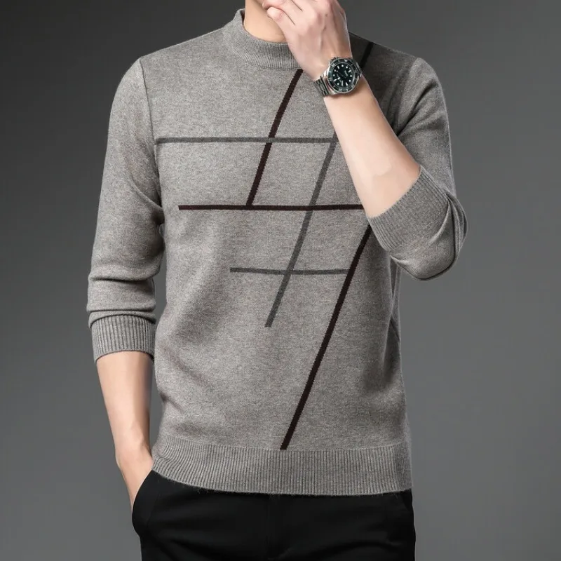 2023 Fall and Winter New Men\'s Fashion Casual Pullover Sweater Striped Long-sleeved Round Neck Knitwear