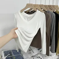 Women Solid Multi All-Match Trend Top Spring Basic Office Lady V-Neck Slim T Shirt Modal fabric Thread Long Sleeve Elastic