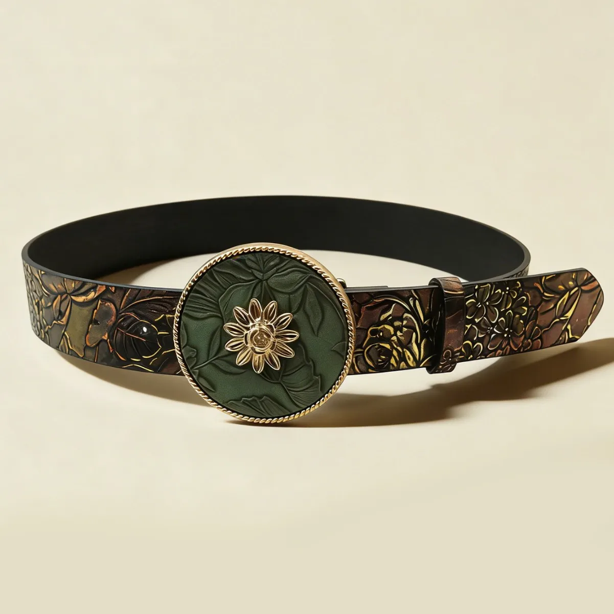 Vintage Floral Buckle Waist Belt Two-Tone Embossed Unisex Waistband Retro Distressed Decorative Accessory Vintage Waist Strap