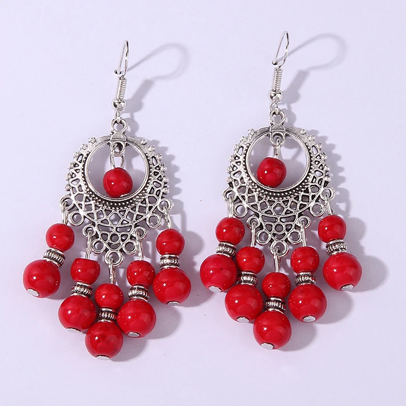 Vintage Bohemian Blue Red Beads Drop Dangle Earrings Geometric Hollow Antqiue Silver Color Boho Earings Jewelry Pendientes Mujer