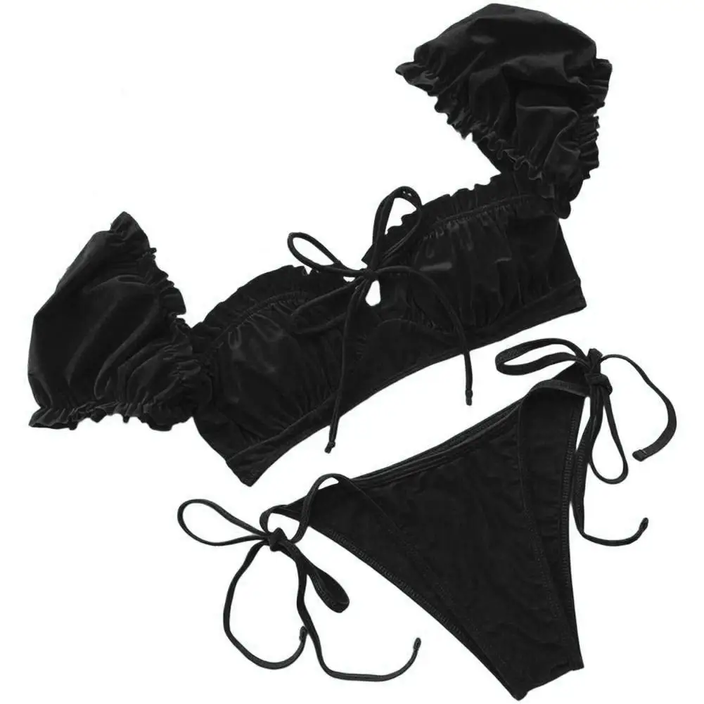 Damski Zestaw Bikini Vintage z Falbankami, Seksowny Odkryty Top z Wyściółką, Dopasowany Strój Kąpielowy Retro w Kolorze Czerwonym z Rozcięciem i Wiązaniem w Talii