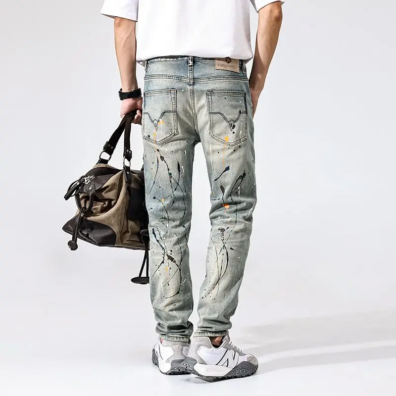 

JXNS161 Slim straight jeans men's retro do old washed splash ink American style hole spring new small leg trousers