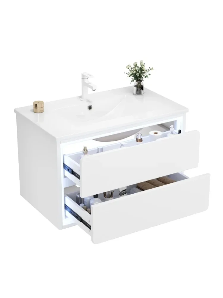 76x46x48,5cm Weißer Wandmontierter Badezimmerschrank mit Volllackierung, zwei Schubladen, geräuscharmen Schiebeschienen, Waschtischunterschrank mit integriertem Waschbecken,