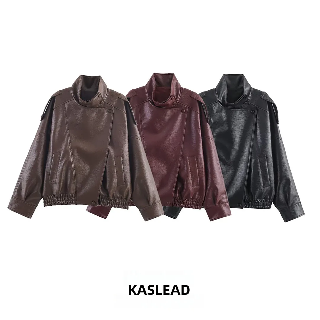 KASLEAD New Faionable Women's Leather Jaet ort Outerwear Sli Synthetic Leather Long Sve Stand Collar Coat