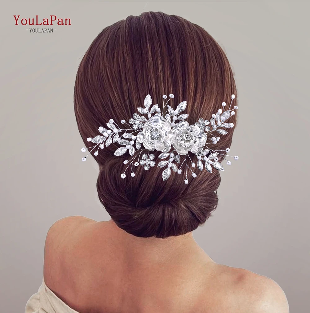 

YouLaPan Bridal Wedding Hair Accessories Silver Color Alloy Flower Hair Combs for Women Bride Headpiece Party Tiara HP780