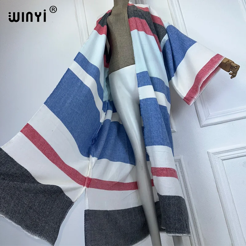 WINYI-Cardigan imprimé à rayures classiques pour femme, kimono africain, pardessus maxi, optique, manteau long chaud, mode moyen-orient, abaya, hiver