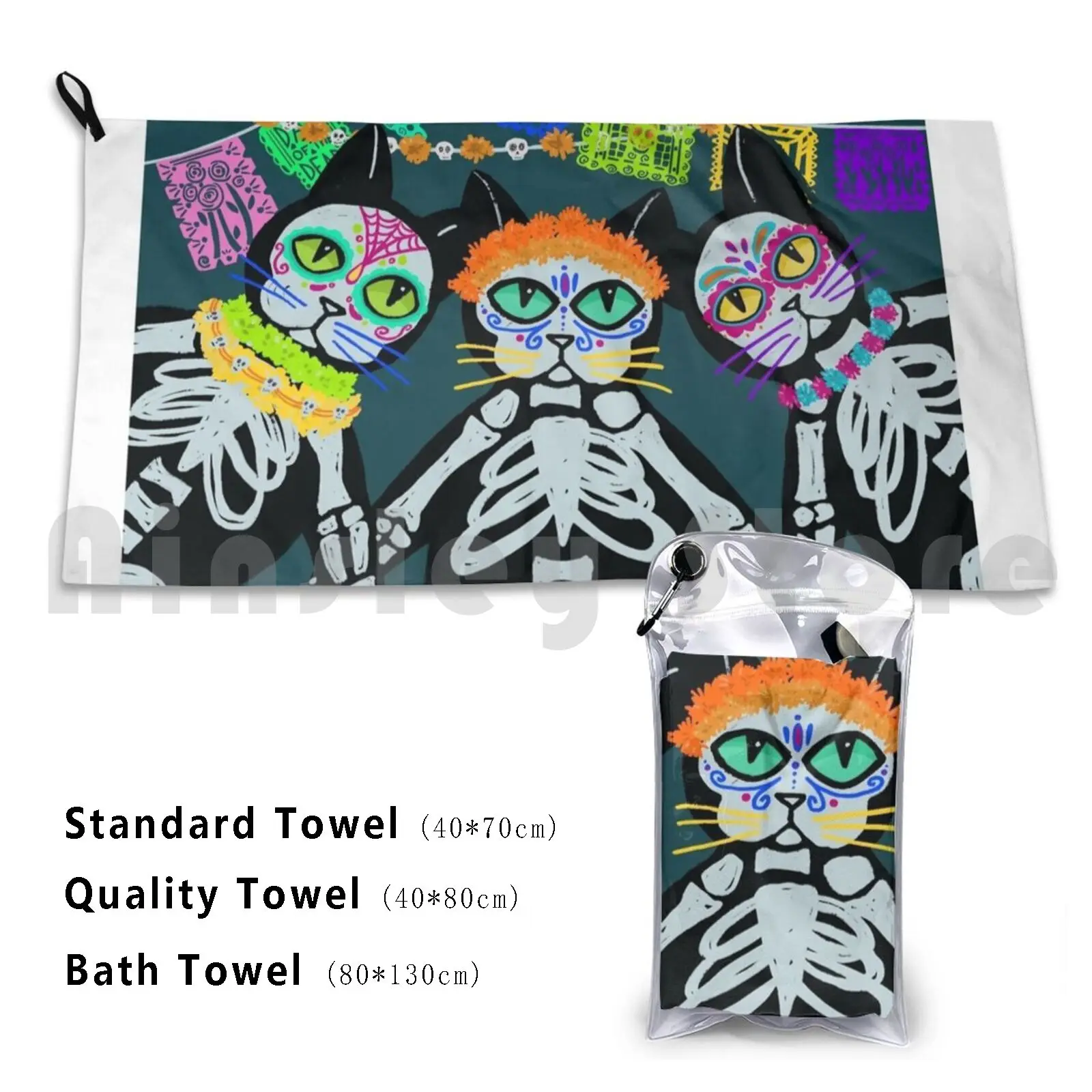 Day Of The Dead Cat Bath Towel Beach Cushion 108 Cat Black Cat Skull Halloween Dia De Los Muertos Mexico