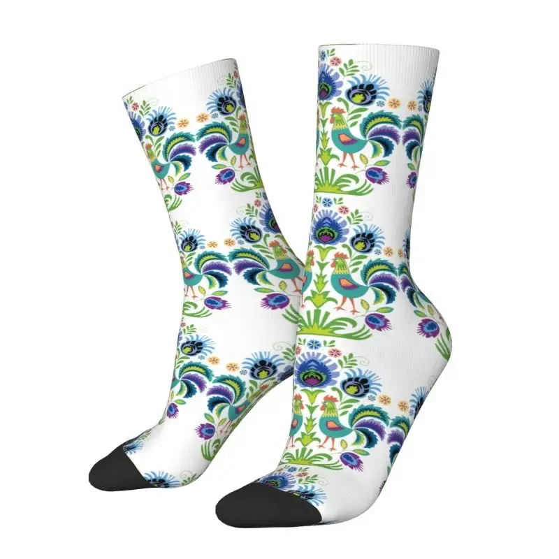 Cute Printed Polish Folk Roosters Flowers Socks for Men Women Stretch Summer Autumn Winter Poland Floral Art Crazy Crew Socks