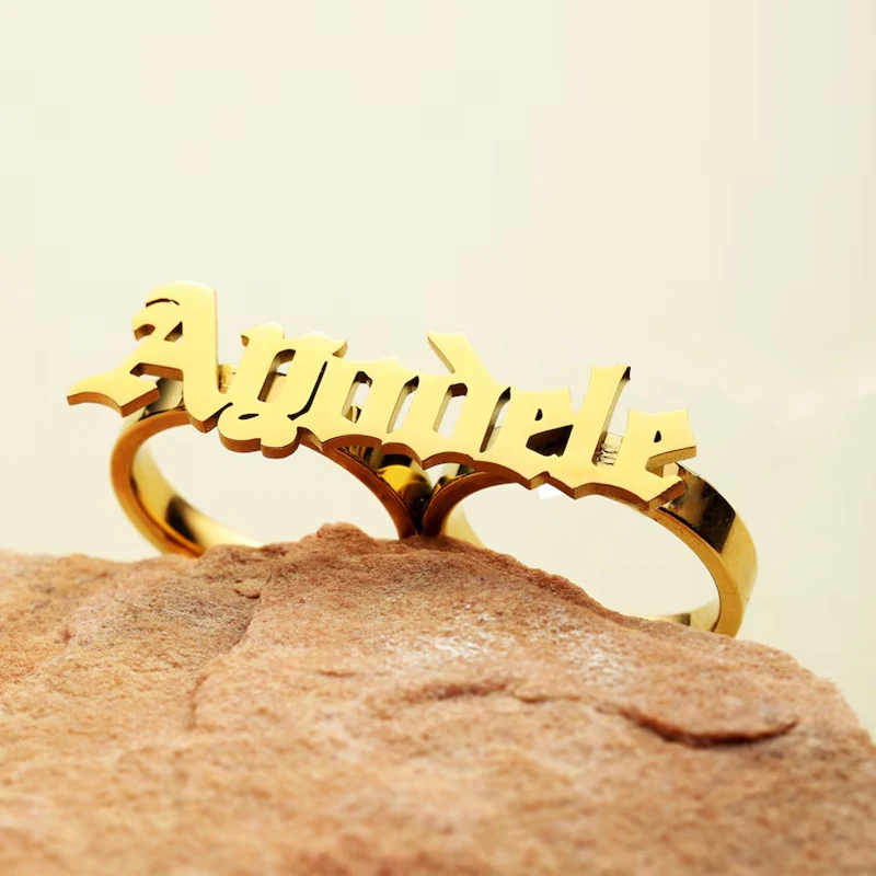 Stainless Steel Name Ring for Men Personalized Large 2 Finger Ring Knuckle Fashion Gold Double Finger Ring Women Couple Gift
