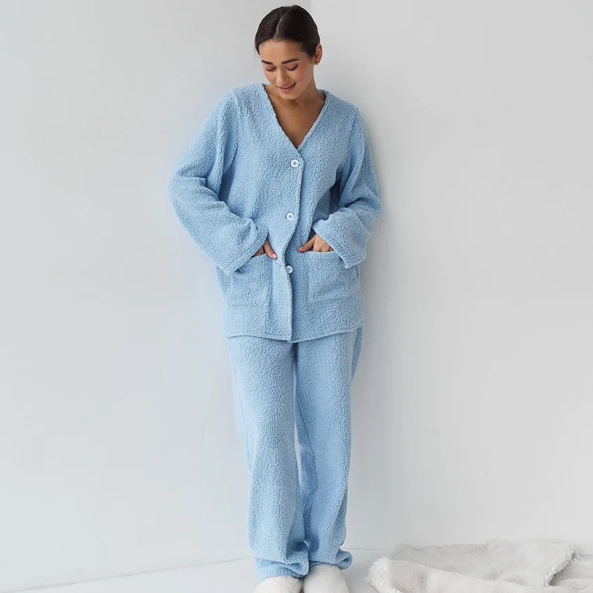 Blue Woolen Warm Winter Women's Pajamas Single-Breasted V-Neck Women Pajama Full Sleeve Double Pockets Sleepwear 2024 New