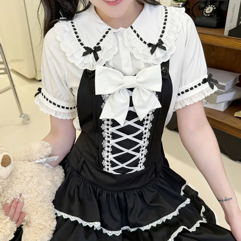 

Summer Japanese Kawaii Lolita Blouse Women Sweet Bow Cute Bubble Sleeve Shirt Elegant Y2K Harajuku Fashion Slim Tops Chic New