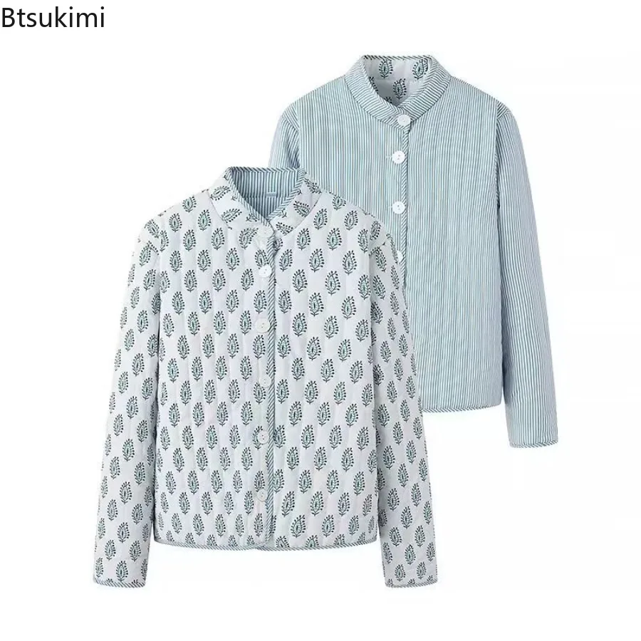 Winter Women's Quilted Jacket Double Sided Printed Mock Neck Long Sleeve Button Down Coat Fashion Casual Outerwear Y2K Clothes