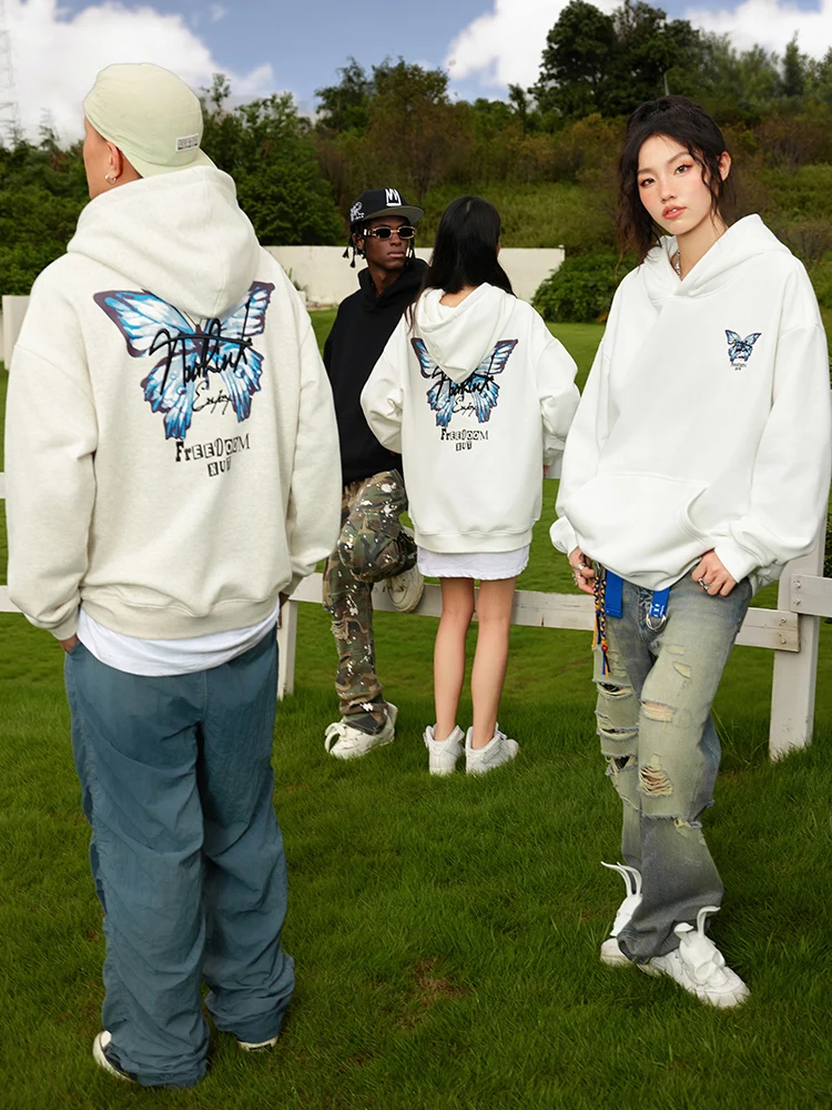 

Men's Hoodie Retro Butterfly Letter Printed Cotton American Street Men's Women's Sweater Casual Loose Versatile Couple Hoodie