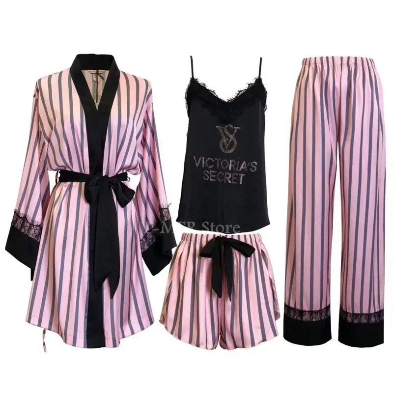 

Lace Stripe Pajamas Suit With Rhinestone Women Satin Kimono Robe Gown Set Summer V-Neck Bathrobe & Sling & Shorts & Pants Lounge