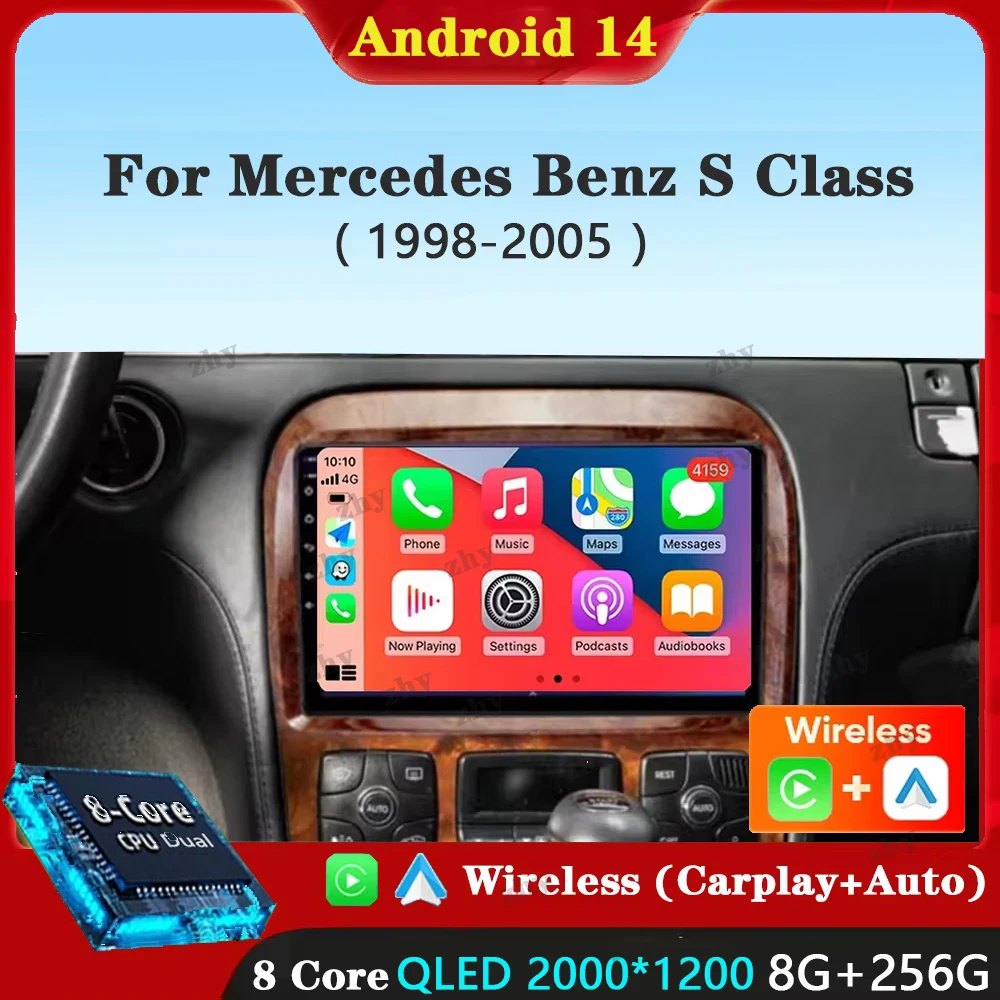 Android 14 Car Radio for Mercedes Benz S Class W220 S280 S320 S350 S400 S430 S500 S600 AMG 1998-2005 GPS WIFI 4G Carplay NO 2Din