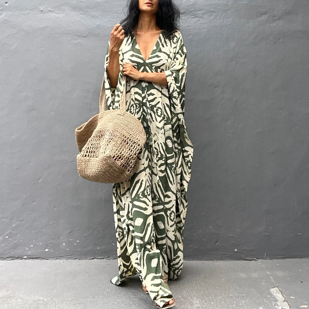 

Women's Summer Bohemian Beach-style Geometric Pattern Printed V-neck Drawstring Vacation Dress Bikini Cover-up