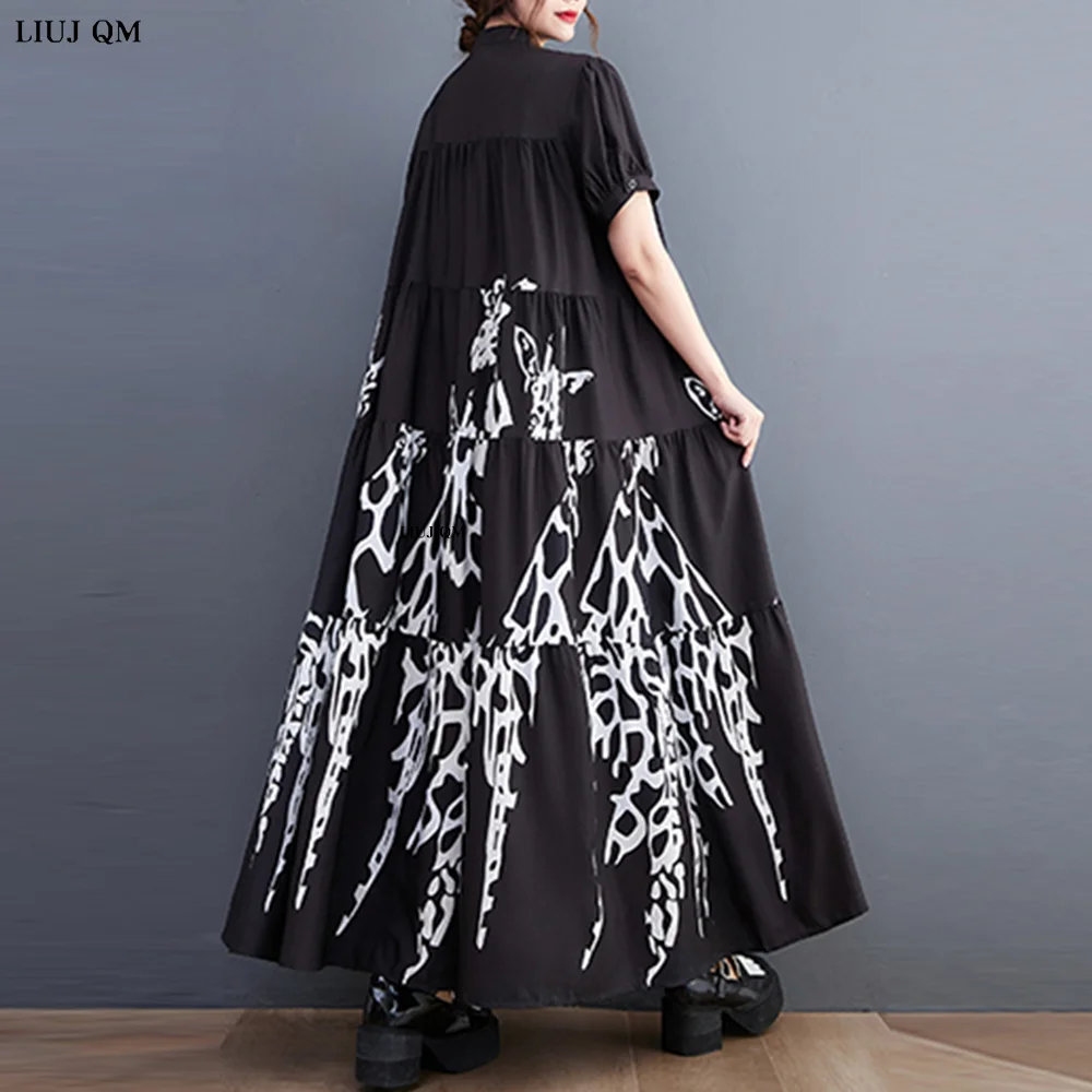 New Korean Style Woman Summer Graffiti Printed Long Black Large Shirt Dress Plus Size Loose Fit Tide Casual Robe Femme