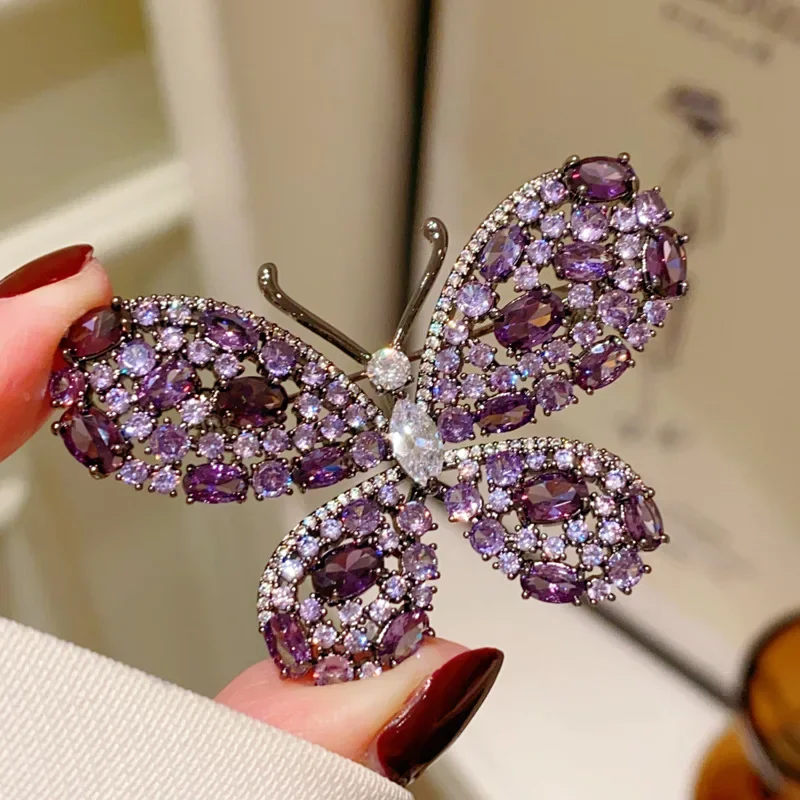 Light Luxury Dark Purple Zircon Butterfly Brooch Pins Retro Suit Coat Pin for Women Elegant Animal Corsage Accessories Ornament