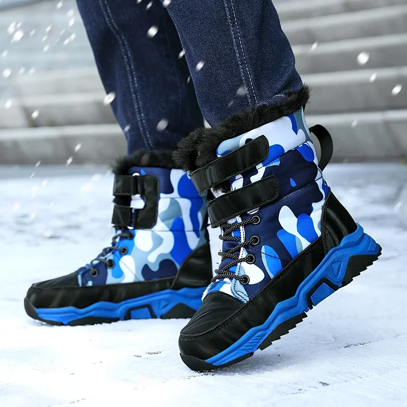 Children Casual Shoes Boys Non-slip Paw Warm Fur Snow Boots Winter Sneakers Kids Outdoor Footwear Padded Boot Waterproof 8-15