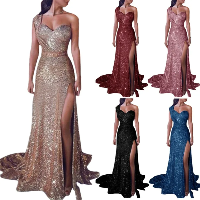 Exquisite Beaded Evening Dresses Glitter Sleevesless Satin Slit Side Formal Prom Dress Women Wedding Party Bridesmaid Gowns