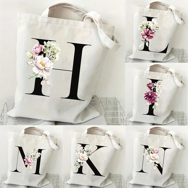 

Floral Monogram Canvas Tote Bag Large Capacity Harajuku Vintage Lightweight & Foldable Floral Print Cool Handbag for Casual Use