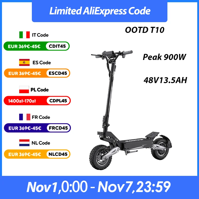 OOTD T10 E-سكوتر 900 واط ذروة الطاقة 48V13.5Ah LED عرض سكوتر كهربائي الكبار 11 بوصة على الطرق الوعرة الإطارات مريحة أضعاف EScooters