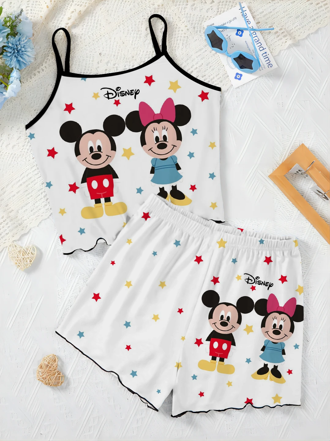 T-Shirt Home Dress Minnie Mouse Disney Sla Trim Korte Sets Voor Dames 2 Stuks Pyjama Rok Dames Pak Mickey Elegante Top