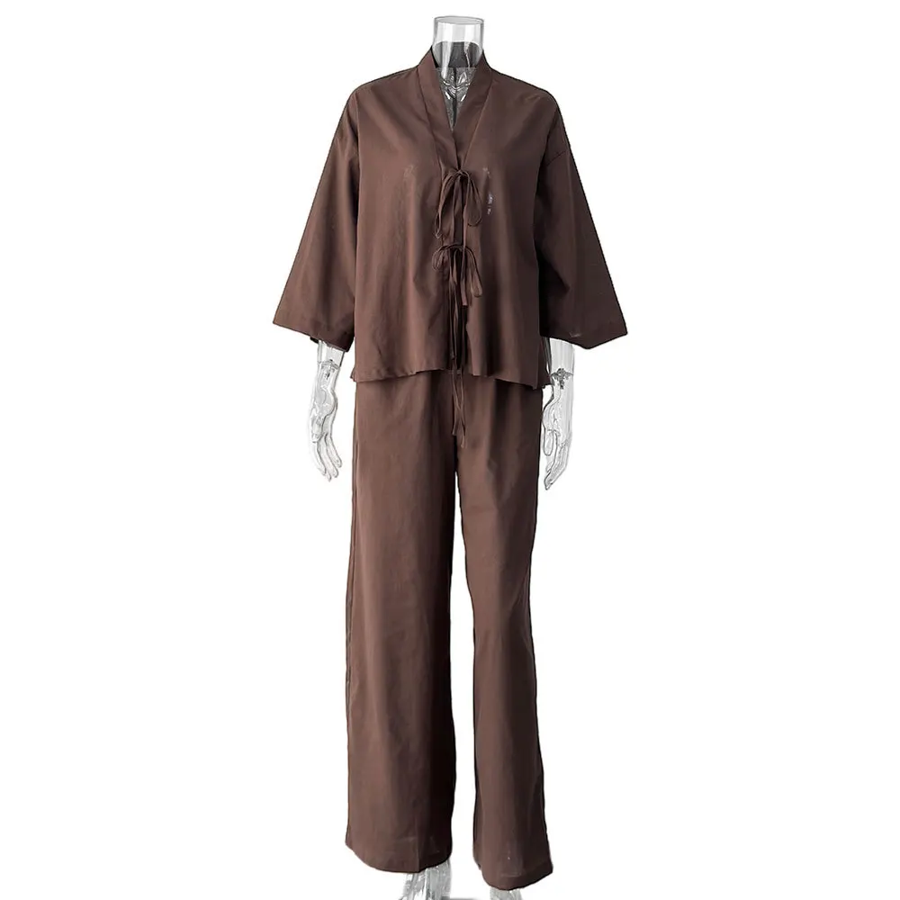 2 pieces women sets 2026 new Spring/Summer casual pure cotton lace-up top+wide-leg pants Europe America suits women's clothing