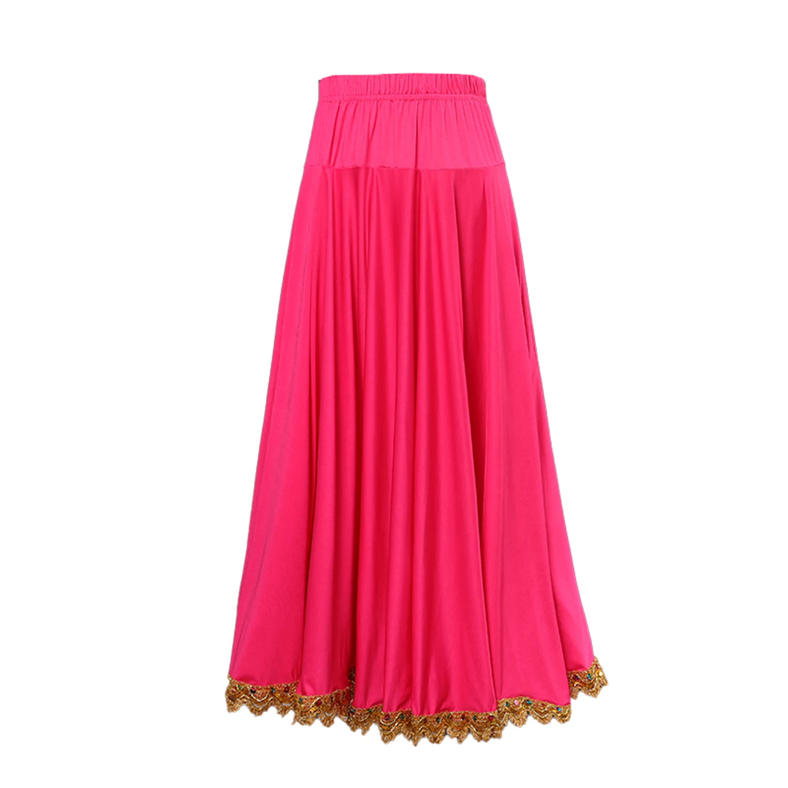 Womens Adult Flamenco Long Skirt Performance Costumes Elastic Waistband Gold Trim Big Swing Skirt Ballroom Ethnic Dance Skirts