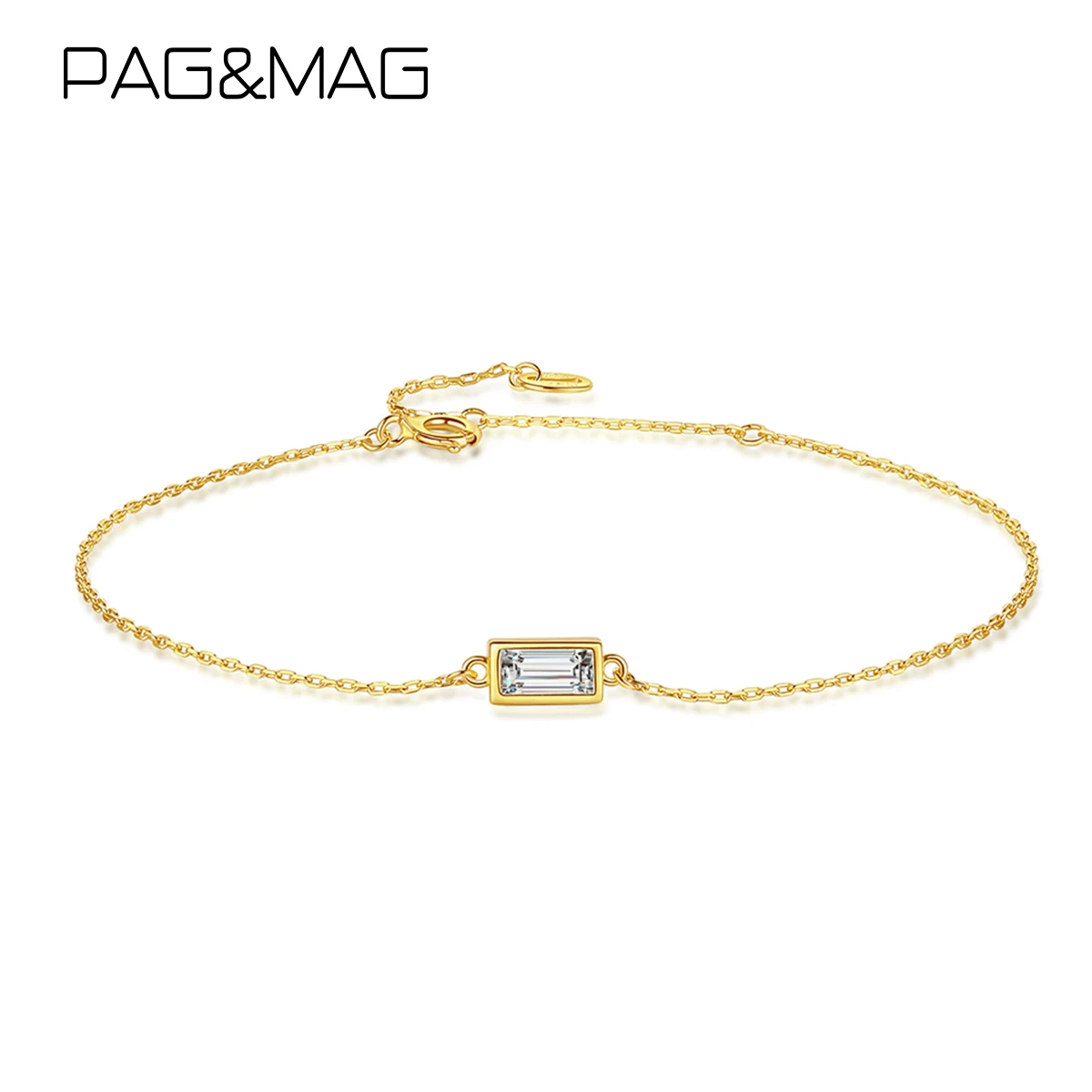 

PAG&MAG Minimalist 925 Sterling Silver Square Zircon Lady Bracelet with Thin Chain Bling CZ Simple Fashion Woman Bangle Jewelry