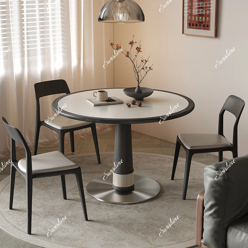 

Small apartment all solid wood travertine rock slab dining table retro style simple round table