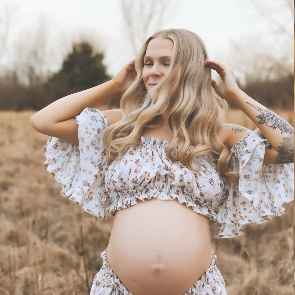 Wrinkled Texture Sweet Print Chiffon Maternity Off Shoulder Top Two-Piece Dress Set Photo Shoot Photography Dress For Women