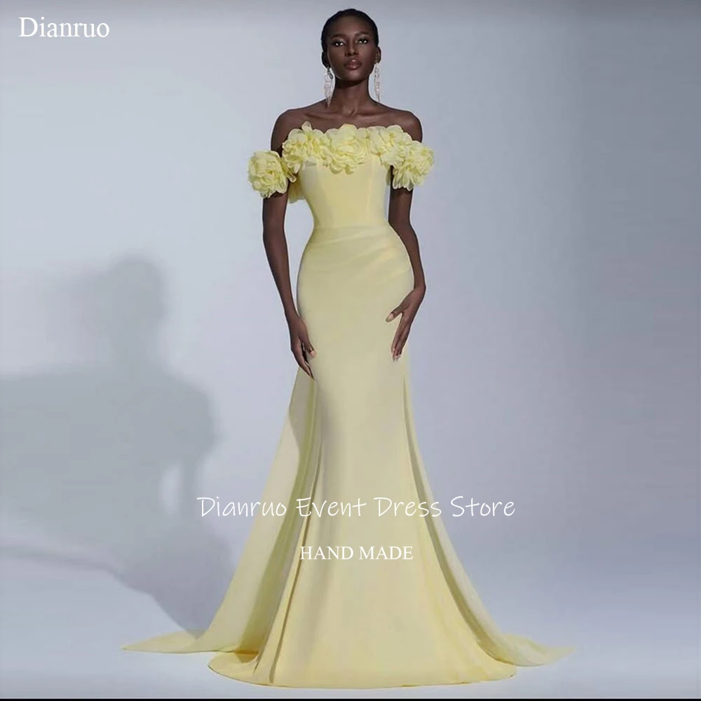 Gaun Malam Dianruo Kuning Model Off Shoulder, Model Mermaid dengan Hiasan Bunga 3D, Vestido Formal Panjang Menyentuh Lantai, Vestidos De Verano Unik, Dapat Dipesan Sesuai Keinginan