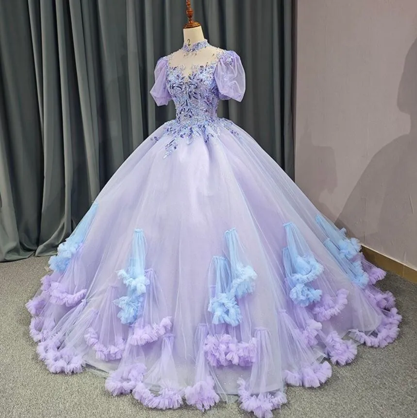 Lilac Lavender Princess Quinceanera Dresses Luxury Crystal Ruffels Clound Sweet 15 Prom vestidos debutante lace-up